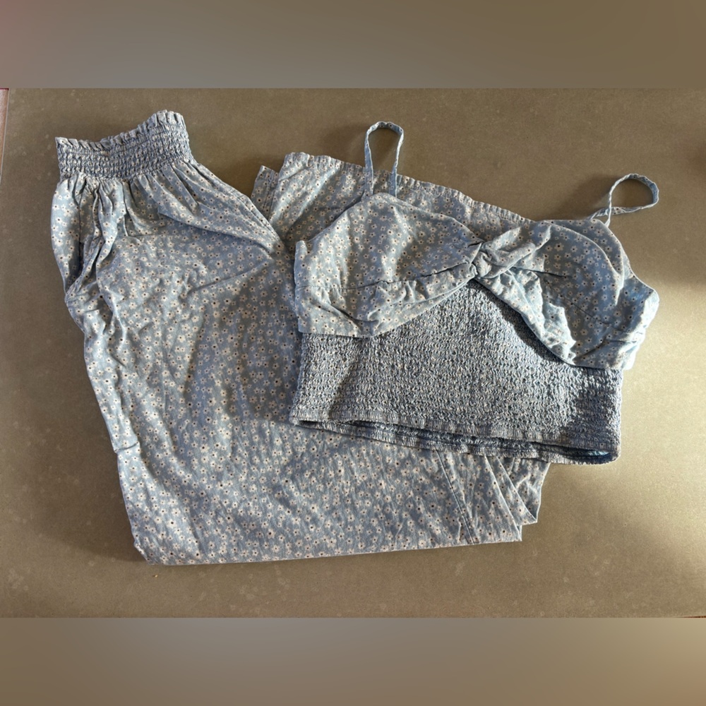 Ditzy Flower Smocked Blue Chambray Cotton Matching Set